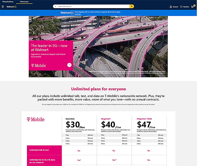UX & Art Direction for Walmart T-Mobile Landing Page
