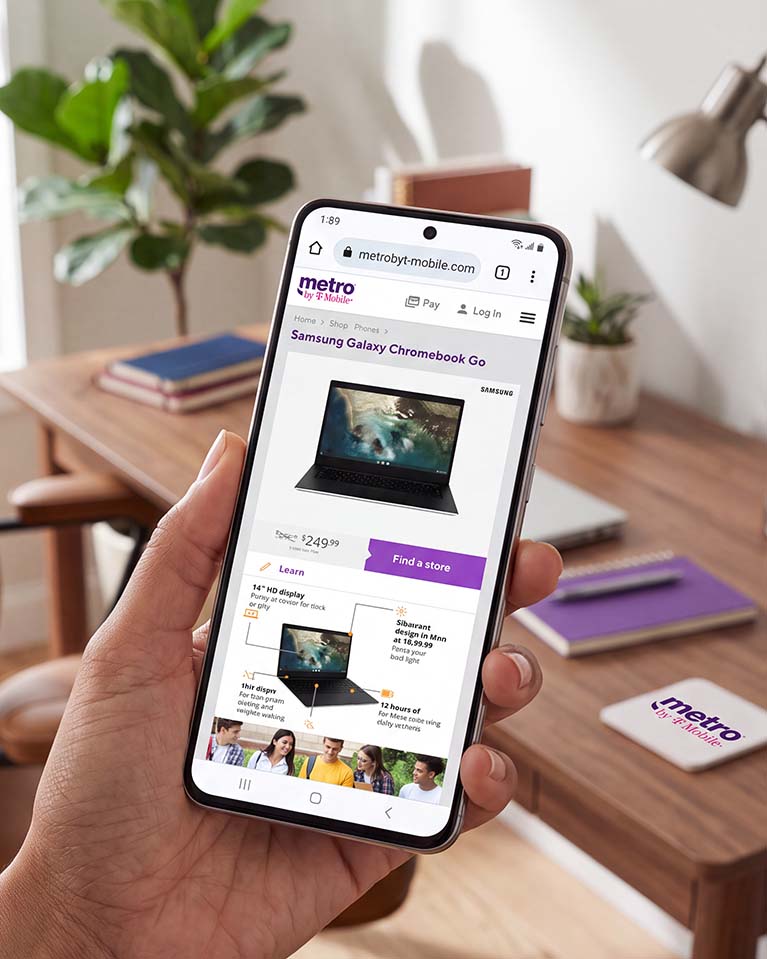 Metro Samsung Galaxy Chromebook product display page on a phone