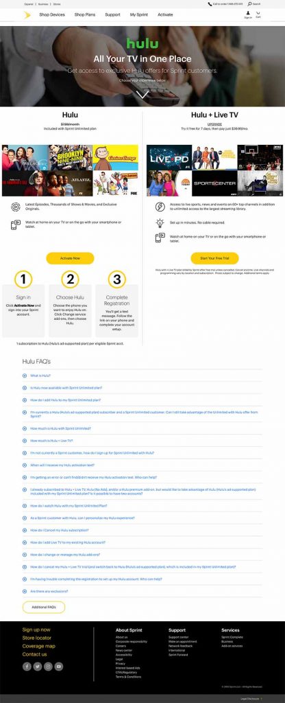 Sprint Hulu Landing Page Redesign